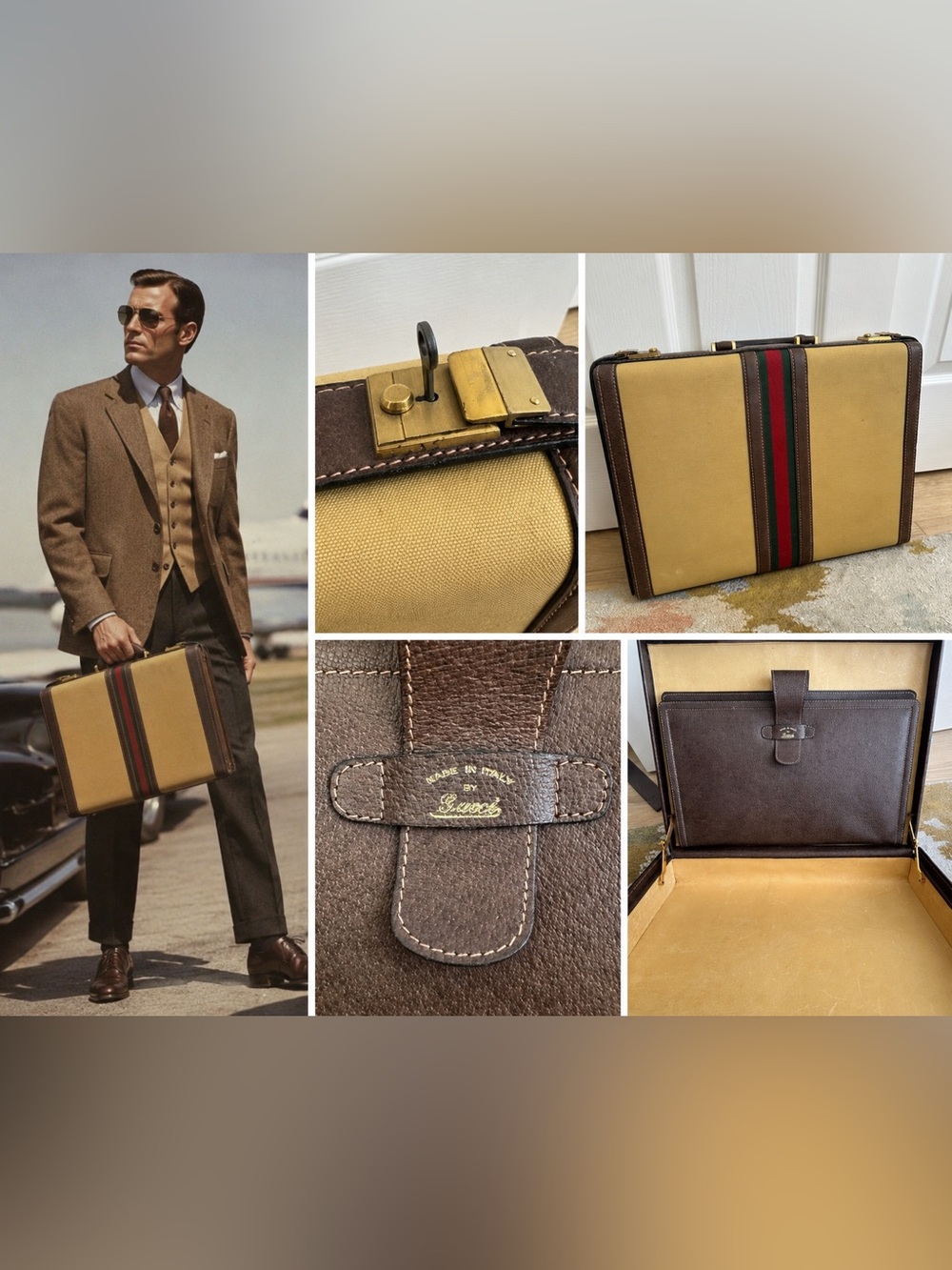 Vintage Gucci Brown & Tan Canvas Leather Briefcase with Signature Web Stripe